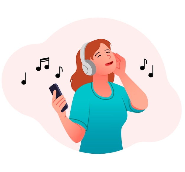 Une femme écoute un personnage féminin dans des écouteurs, tient un smartphone et écoute de la bonne musique.