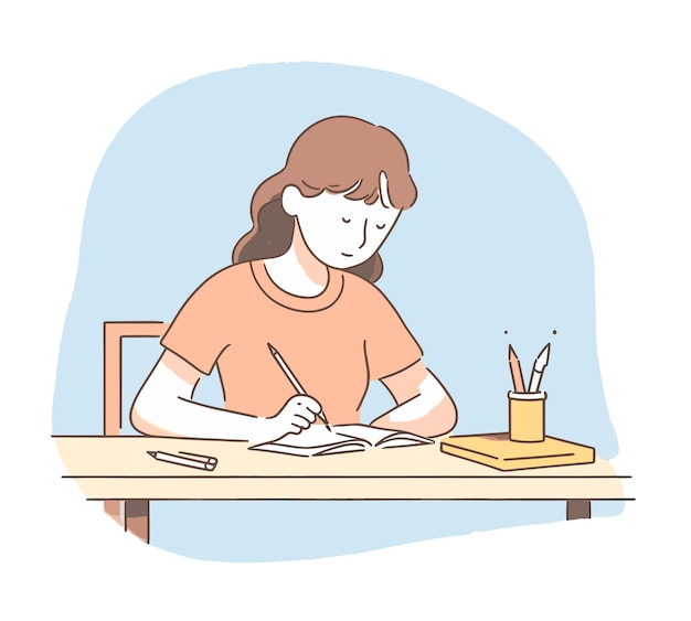 Femme écrivant Sur Papier Dans L'illustration De Dessin Animé De Bureau