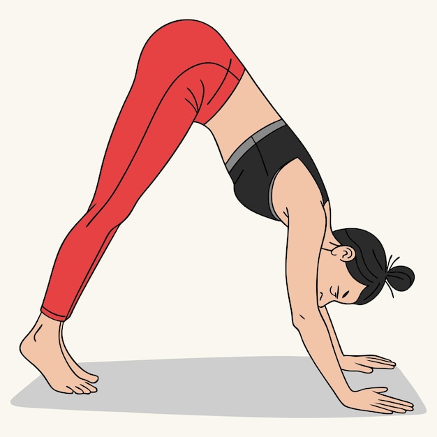 Une femme effectuant une pose de yoga pour chien face vers le bas sur une illustration vectorielle de tapis
