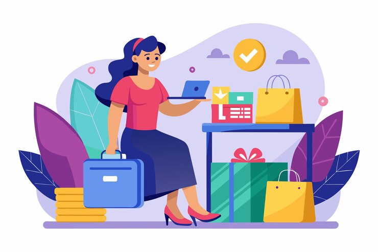 Vecteur une femme effectue confortablement un achat en ligne avec sa carte de crédit tout en étant entourée de sacs d'achat et de cadeaux une femme utilise une carte de crédit pour effectuer un achat