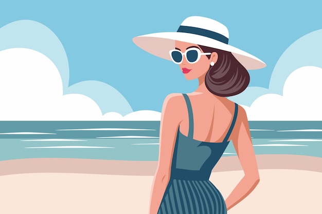 Une femme élégante appréciant l'été à la plage portant un chapeau et des lunettes de soleil