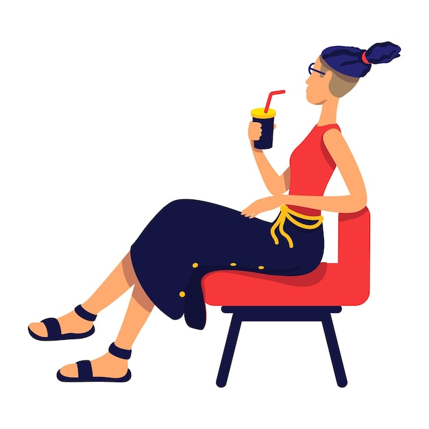 Femme élégante Avec Boisson Cocktail Assis Sur Une Chaise Personnage De Vecteur De Couleur Semi-plat Personne De Tout Le Corps Sur Blanc Illustration De Style Dessin Animé Simple De Relaxation Pour La Conception Graphique Et L'animation Web