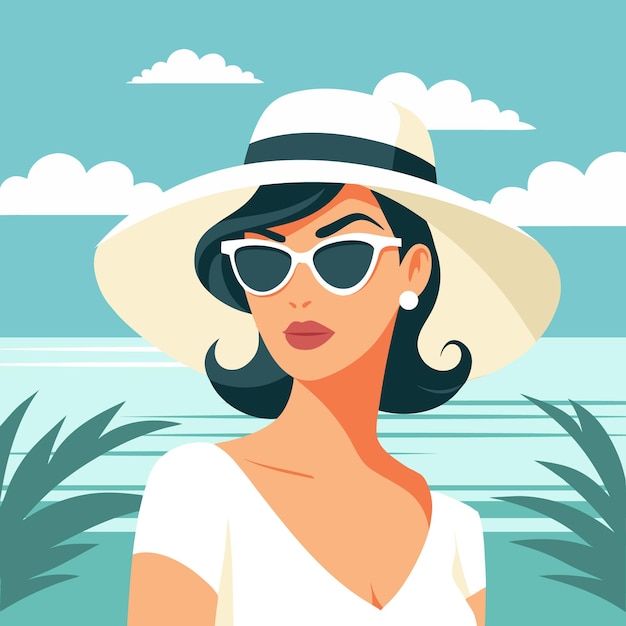 Une femme élégante avec un chapeau et des lunettes de soleil apprécie l'été à la plage