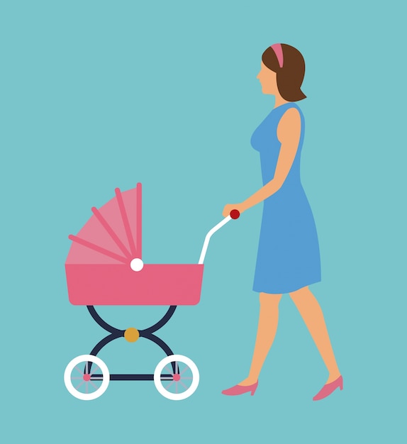 Femme élégante avec chariot rose bébé marche