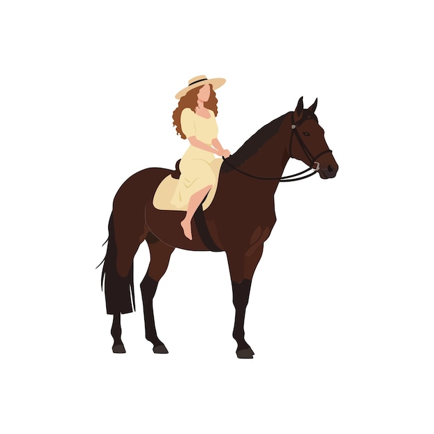 Une femme élégante à cheval sur un cheval brun dans un art vectoriel plat minimal