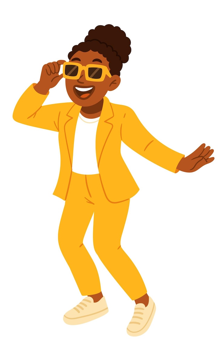 Vecteur une femme élégante dansant dans un costume jaune vif et des lunettes de soleil