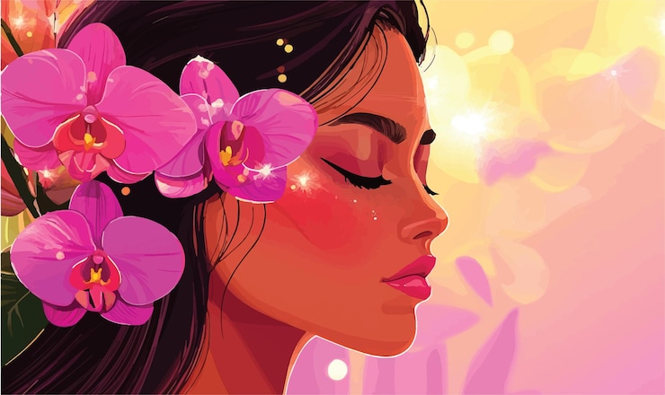 Vecteur une femme élégante ornée d'orchidées dans les cheveux