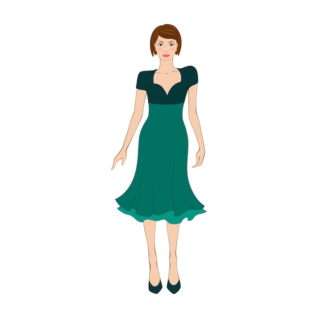 Femme en élégante robe verte icône plate sur fond blanc
