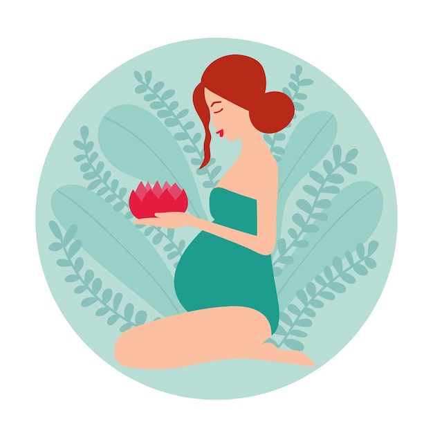 Femme enceinte assise sur ses genoux avec une fleur de nénuphar dans ses mains Illustration vectorielle de grossesse Femme enceinte avec ventre Illustration de stock vectoriel Fond de feuilles de plantes