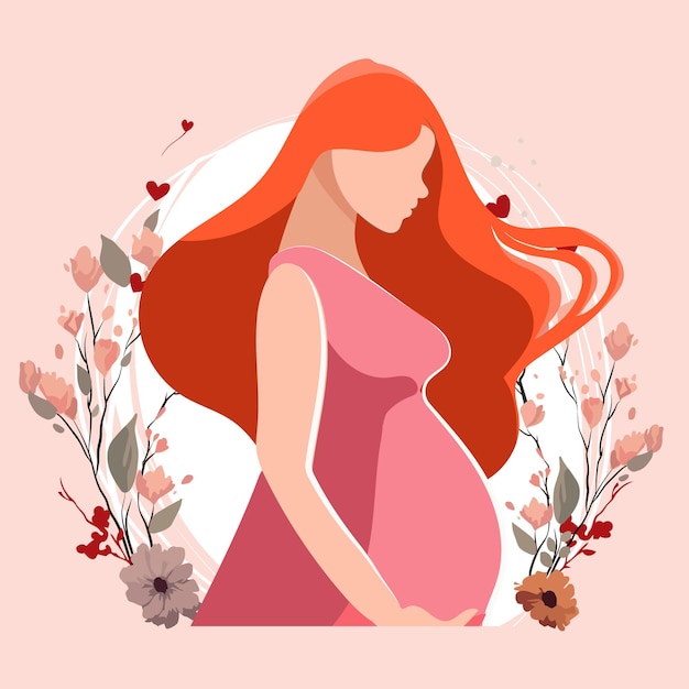 Une femme enceinte aux cheveux roux et une robe rose.