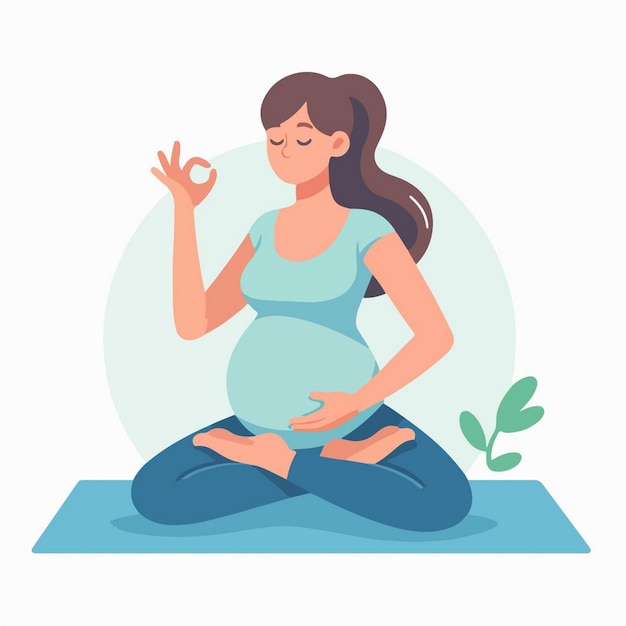 Vecteur une femme enceinte fait du yoga sur un tapis avec une feuille et une plante verte