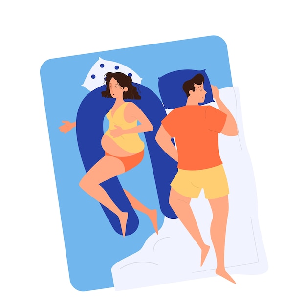 Femme enceinte et homme endormi dans le lit. Heureux couple attend bébé. Temps de grossesse. illustration