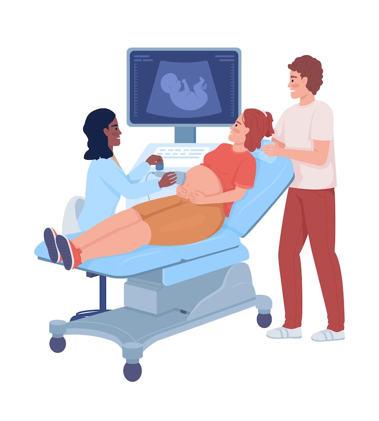 Vecteur femme enceinte avec partenaire à l'échographie caractères vectoriels de couleur semi-plats
