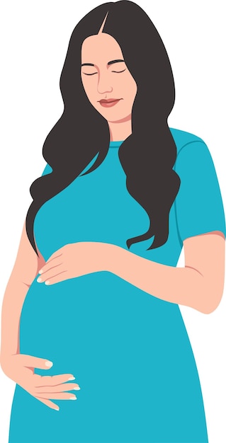 Femme enceinte en robe bleue tenant son ventre avec les yeux fermés