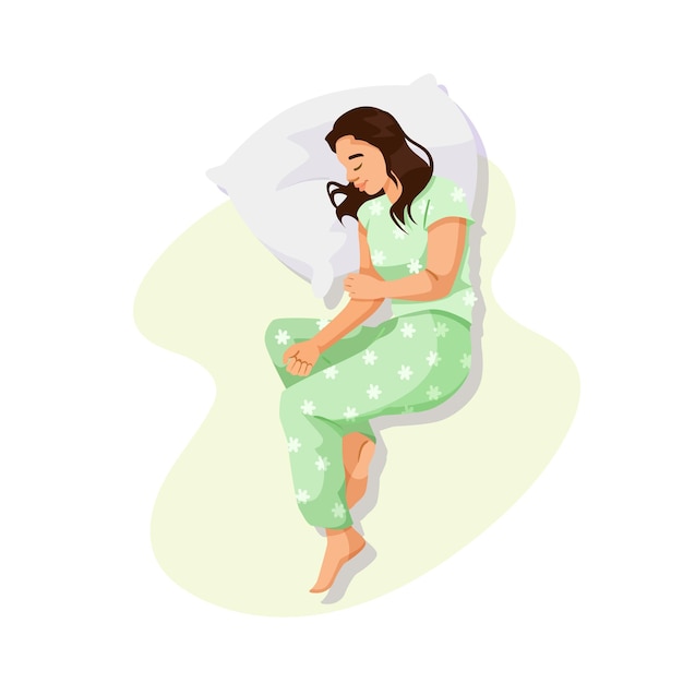 Femme endormie en pyjama vert avec une illustration vectorielle d'oreiller