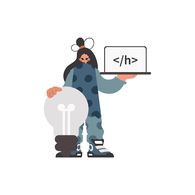 La femme énergique tient une fenêtre de navigateur avec une image de programmation et pour démarrer debout près d'une énorme ampoule tirée en arrière sur l'établissement blanc illustration vectorielle de style à la mode