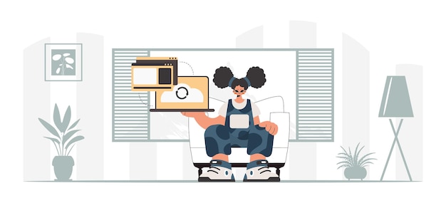 La femme énergique tient une tablette qui est synchronisée avec la capacité de données Illustration vectorielle de style tendance