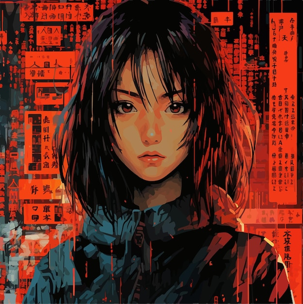 Vecteur une femme énigmatique avec une esthétique cyberpunk et des kanji