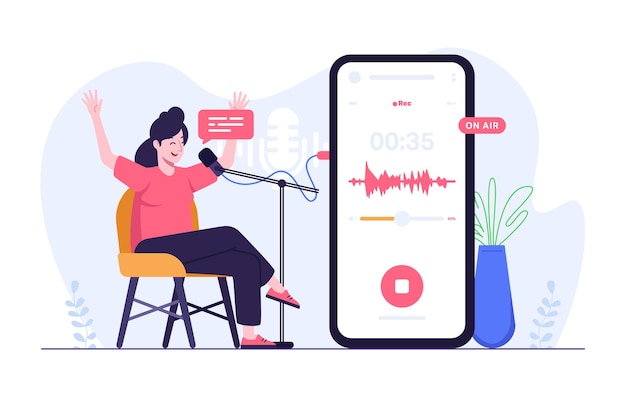 Vecteur femme enregistrant l'audio d'un podcast via un mobile