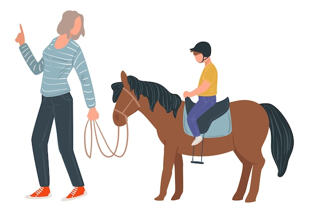 Vecteur femme enseignant à un jeune garçon à monter à cheval