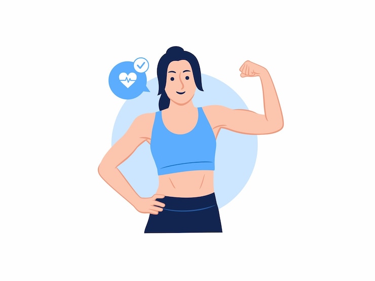 Vecteur femme d'entraînement de fitness sportive en bonne santé montrant des muscles du bras forts fléchissant les biceps