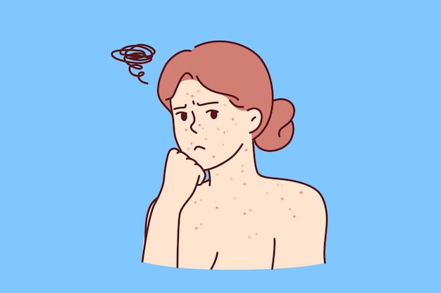 Vecteur une femme avec des éruptions cutanées allergiques sur le visage et le corps regarde l'écran avec tristesse et a besoin de l'aide d'un dermatologue.