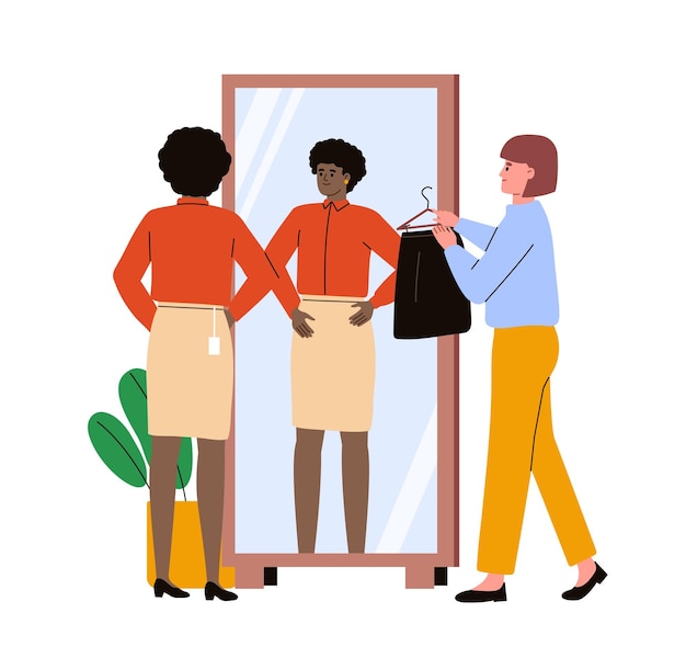 Vecteur femme essayant une jupe dans le vestiaire de la boutique assistant de magasin apportant des vêtements pour un client