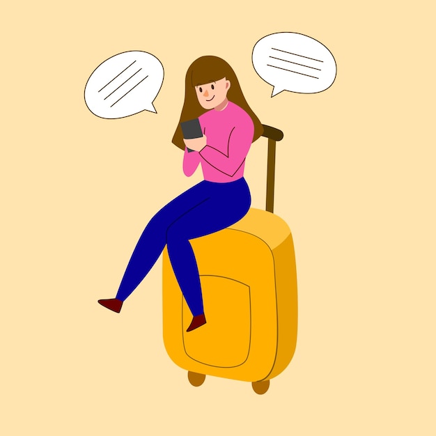 La femme est assise sur les bagages et discute au téléphone en attendant le vol Illustration vectorielle Isolée sur fond jaune