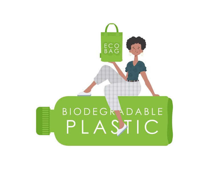 Vecteur une femme est assise sur une bouteille en plastique biodégradable et tient un sac eco dans ses mains concept de monde vert et d'écologie illustration de stylevector de tendance isolée