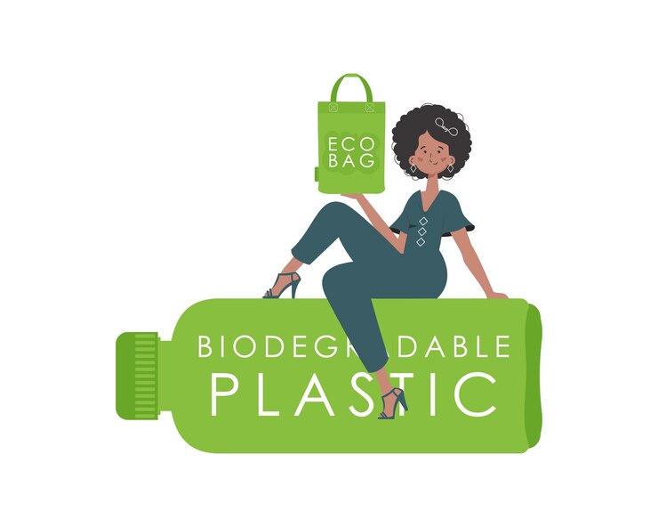 Vecteur une femme est assise sur une bouteille en plastique biodégradable et tient un sac eco dans ses mains concept de monde vert et d'écologie isolé sur fond blanc illustration vectorielle de tendance de mode