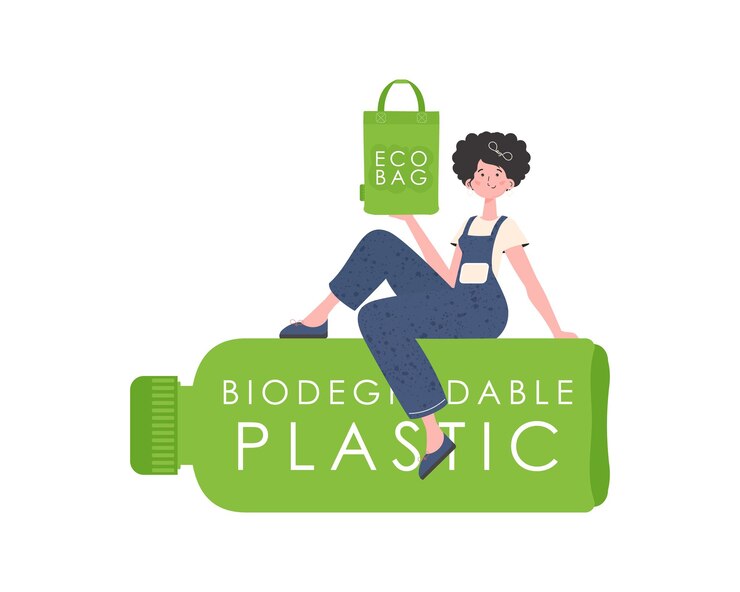 Vecteur une femme est assise sur une bouteille en plastique biodégradable et tient un sac eco dans ses mains concept de monde vert et d'écologie isolé sur fond blanc tendance stylevector illustration