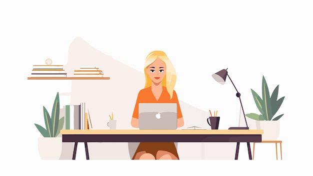 une femme est assise à un bureau avec un ordinateur portable et un livre sur ses genoux