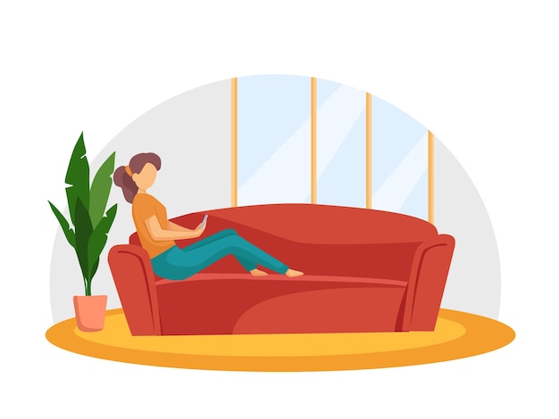 Une femme est assise sur le canapé avec un téléphone Apprentissage à distance indépendant en ligne Illustration vectorielle