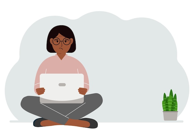 Vecteur une femme est assise les jambes croisées dans ses mains tenant un ordinateur portable le concept de l'éducation au travail lire regarder des vidéos