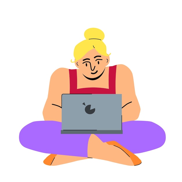 Vecteur une femme est assise avec un ordinateur portable et travaille en ligne. travailleur indépendant, femme aux cheveux blonds étudiant en ligne