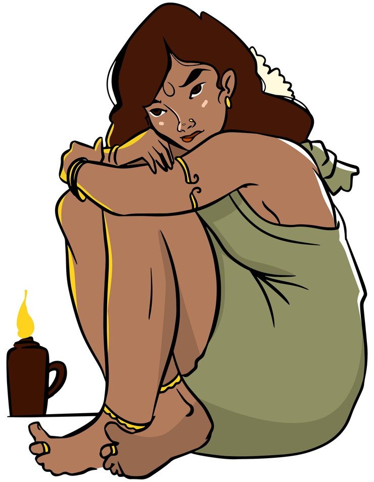 Vecteur une femme est assise sur un rebord avec une tasse de café à la main.