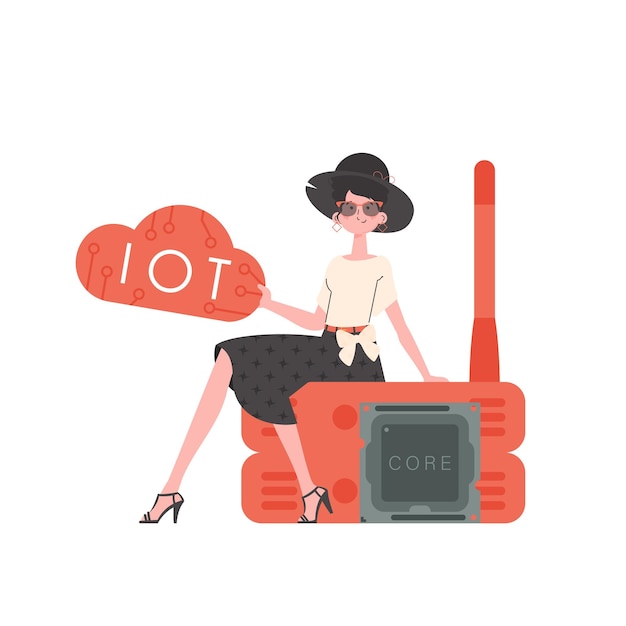 Une femme est assise sur un routeur et tient le logo de l'internet des objets dans ses mains Concept IoT Illustration vectorielle isolée dans un style plat branché