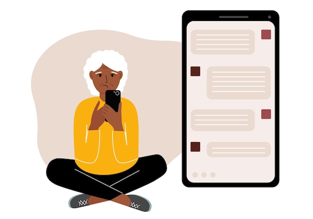 Une femme est assise et tient un téléphone La correspondance est visible sur l'écran Concept de chat service SMS support technique