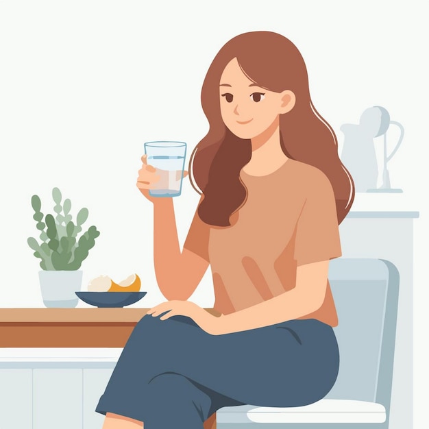 une femme est assise sur une toilette avec un bol de fruits et un bol d'eau