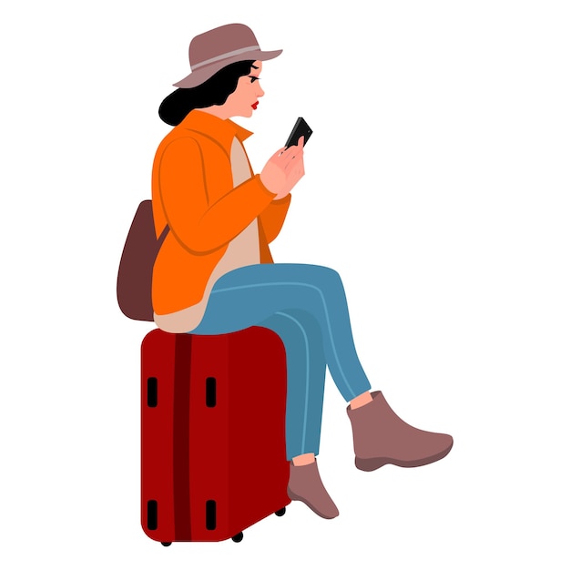 Vecteur une femme est assise sur une valise avec un téléphone à la main voyage vacances illustration vectorielle