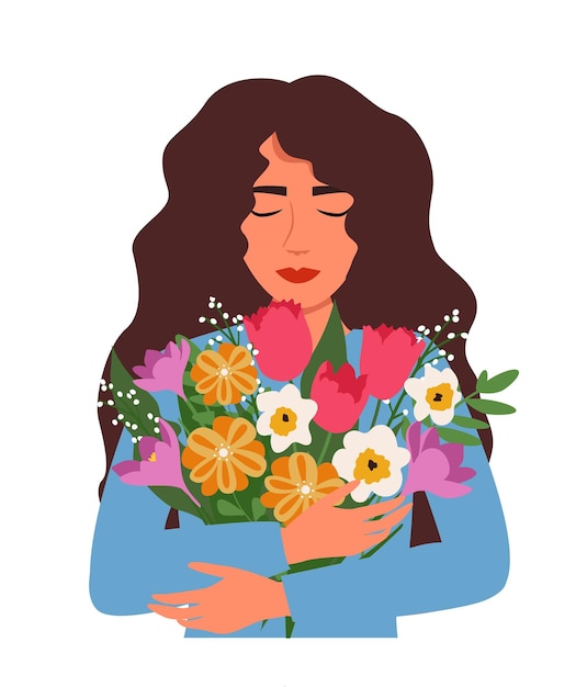 Femme, étreindre, Fleurs, Vecteur, Illustration