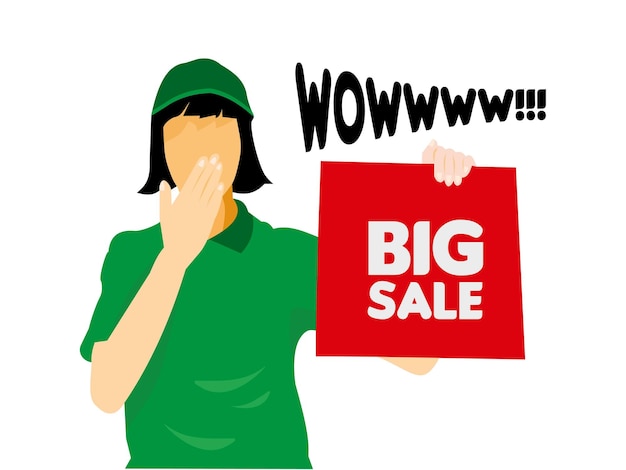 Une femme excitée annonce une grosse vente Illustration plate promotion de grosse vente