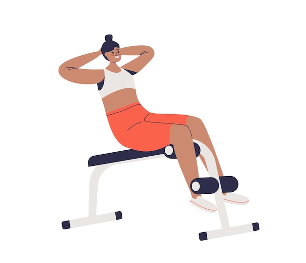 Femme exerçant sur un banc abdominal faisant des craquements pour la formation des muscles abs. Personnage féminin de dessin animé faisant de l'exercice