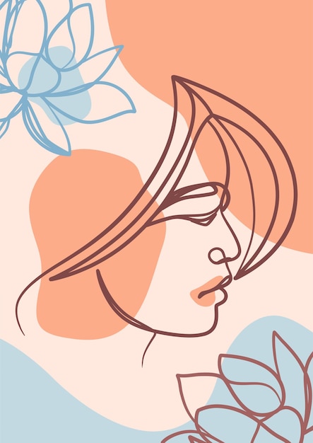 Femme Face à Une Affiche De Dessin D'art En Ligne. Style De Dessin En Ligne Continue. Beauté Femme Minimaliste