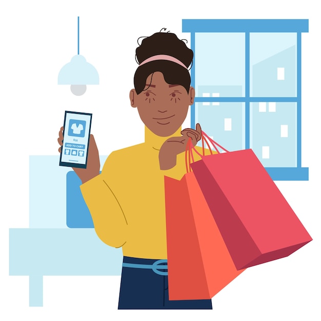 Vecteur femme faire du shopping en magasin en ligne en illustration plate