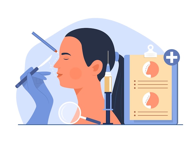 femme, faire, rhinoplastie, chirurgie, concept, illustration