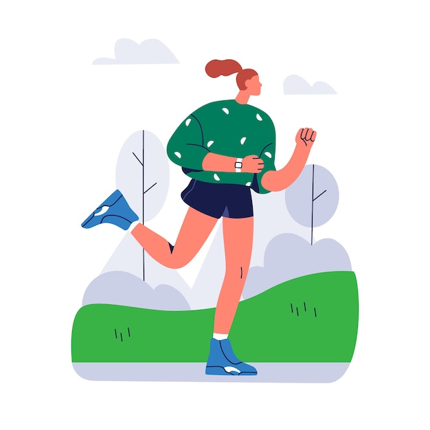 Femme faisant du jogging Femme courant dans le parc coureur faisant du jogger s'entraînant le matin à l'entraînement cardio pour l'endurance Fille active s'entraînant à l'extérieur Illustration vectorielle plate isolée sur fond blanc