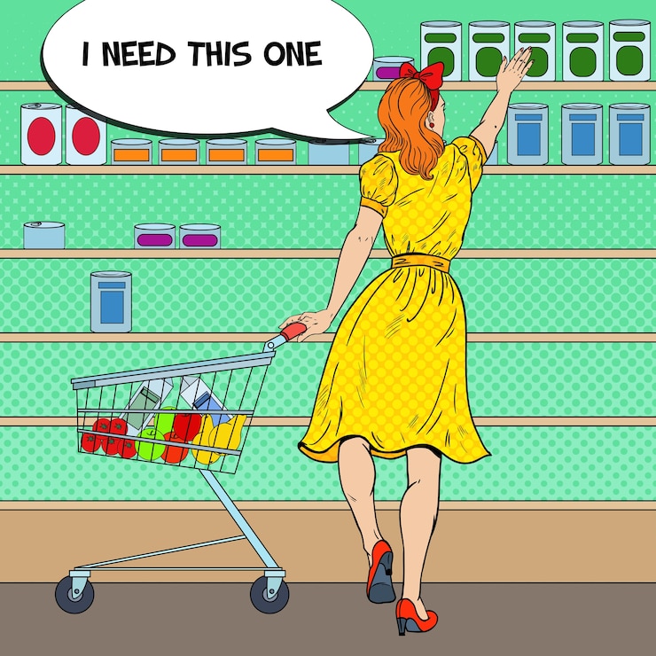 Vecteur femme faisant du shopping au supermarché