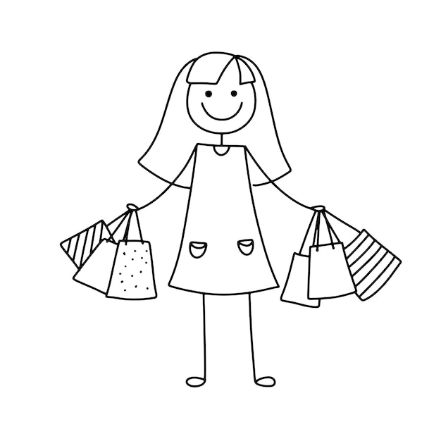 Vecteur une femme faisant du shopping avec un bâton, un croquis, une illustration de contour, une fille drôle avec des paquets d'achat.