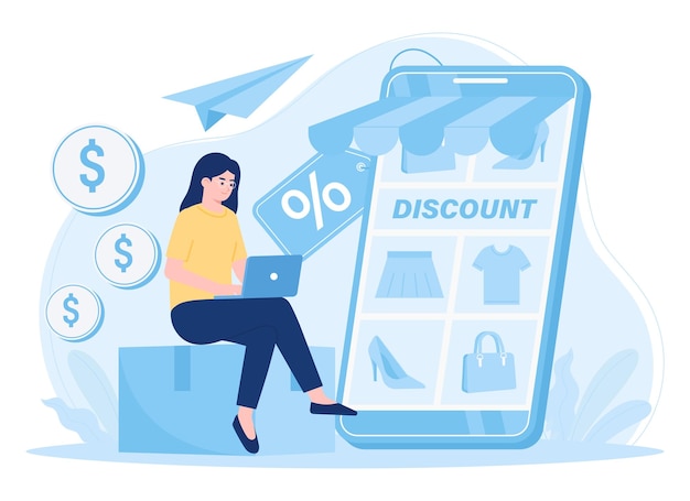 femme faisant du shopping dans une boutique en ligne tendance concept illustration plate
